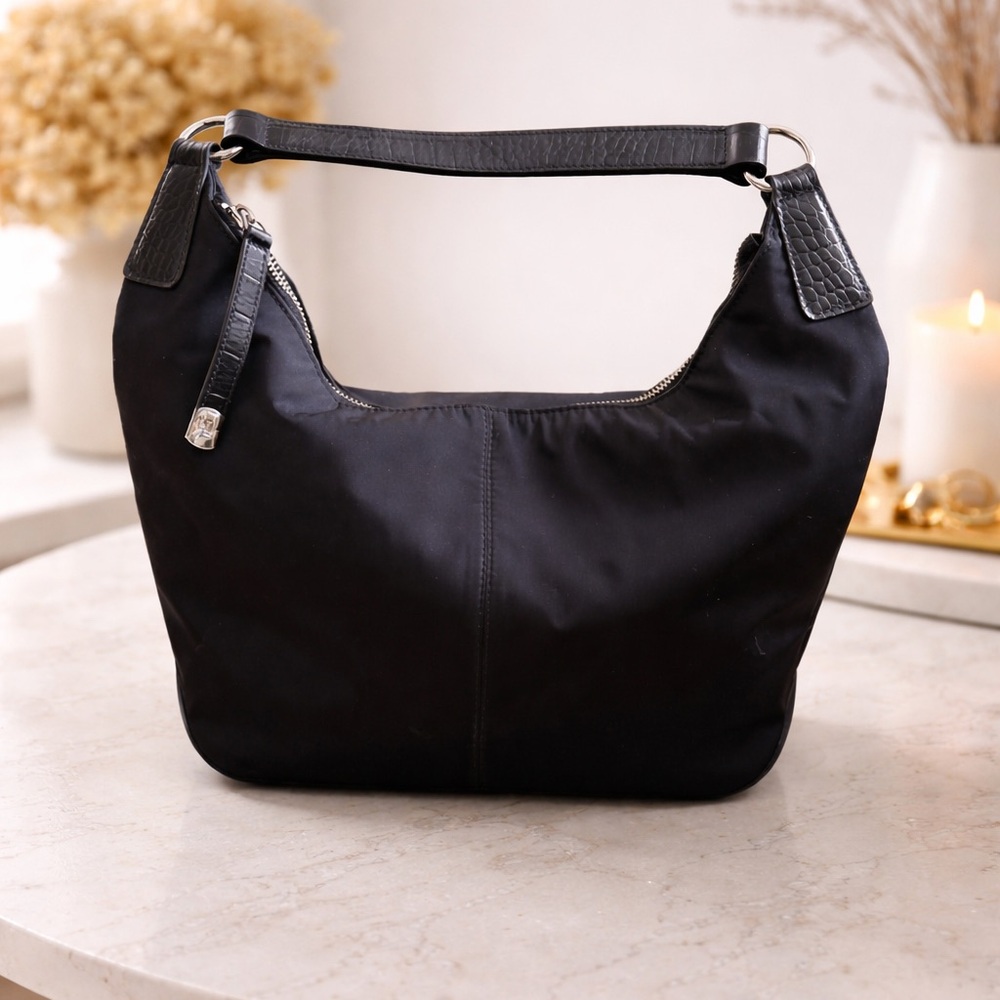 Lauren Ralph Lauren black Nylon Leather Trim Hobo Shoulder Bag Classic Medium